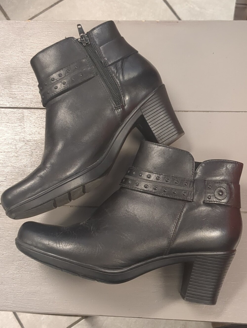 Women's Black Leather Ankle Booties with Block Heel